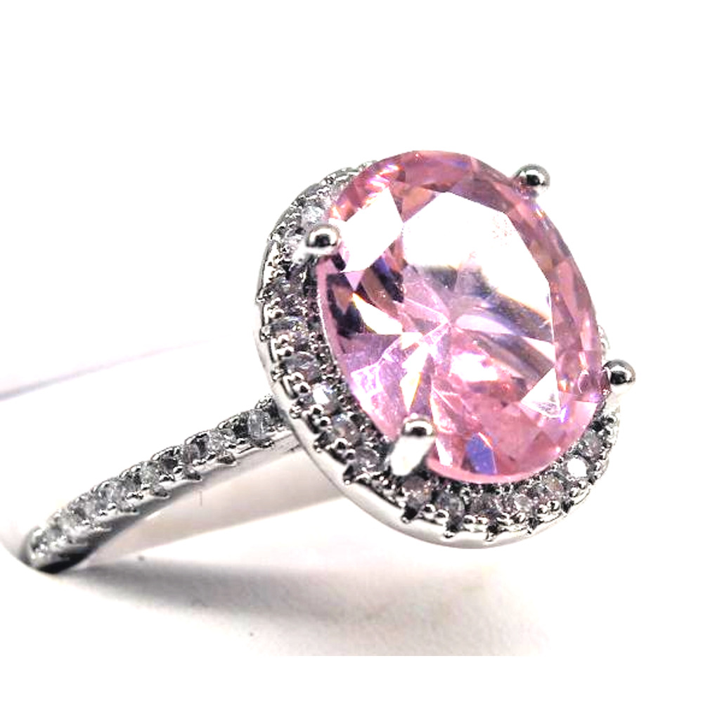 Sparkling Pink Glass Ring Surrounded by Tiny Prong Set Stones • Silvertone Sz 6